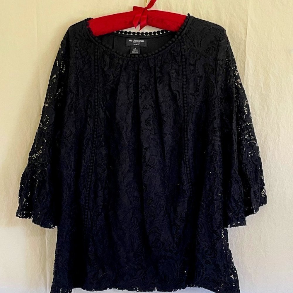 LIZ CLAIBORNE CAREER WOMAN BLACK LACE LINED BLOUSE Size 1X  *